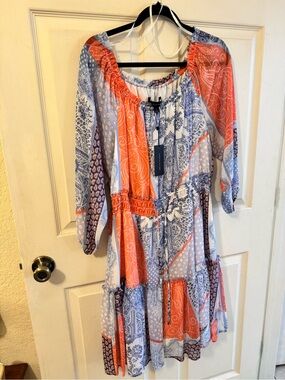 Tommy Hilfiger Coral and Blue Patchwork Midi Dress